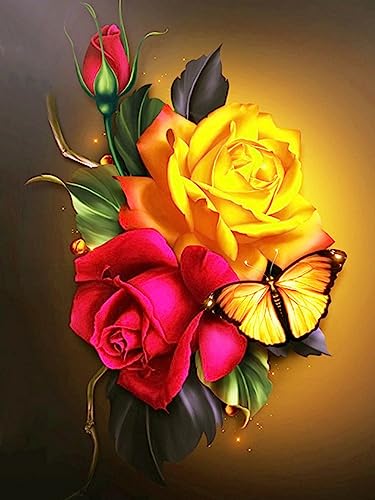 Glowing Butterfly Rose Stamped Cross Stitch Kits-red yellow rose flower Needlepoint Counted Cross Stitch Kits for Beginners Adults Patterns Dimensions Embroidery Kits Arts and Crafts (11CT)/12x16 inch