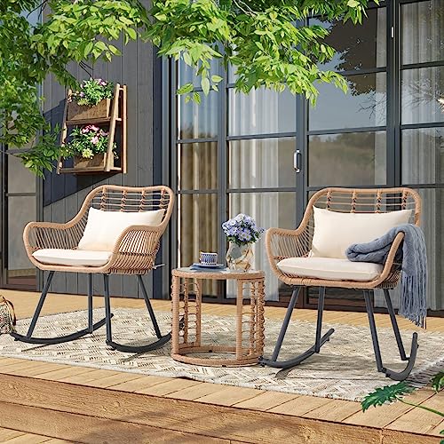 JOIVI Outdoor Furniture Rocking Chairs Set, 3 Piece Wicker Patio Rocking Chairs and Side Table Set, Outdoor Bistro Conversation Set for Porch, Balcony, Poolside, Yard, White Cushions