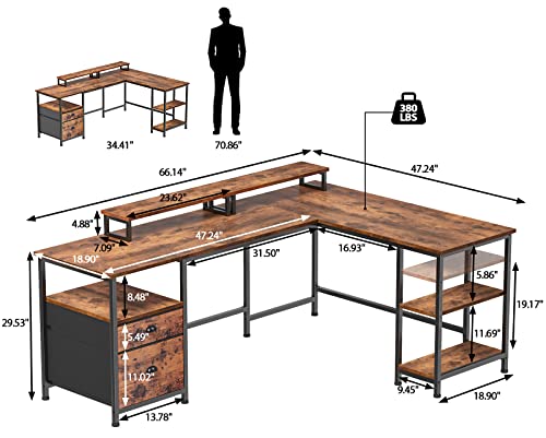 Furologee 66" L Shaped Computer Desk and 5-Tier Bookshelf, Corner Gaming Desk with File Drawer, Tall Bookcase with 2 Storage Drawers for Living Room, Home Office, Bedroom, Rustic Brown