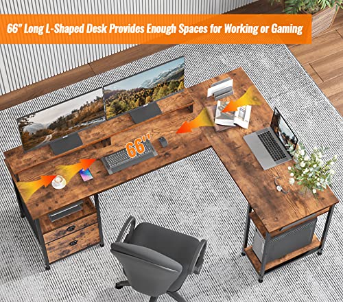 Furologee 66" L Shaped Computer Desk and 5-Tier Bookshelf, Corner Gaming Desk with File Drawer, Tall Bookcase with 2 Storage Drawers for Living Room, Home Office, Bedroom, Rustic Brown