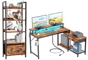 furologee l shaped computer desk and 5-tier bookshelf, corner gaming desk with led lights & power outlets, tall bookcase with 2 drawers for living room, home office, bedroom, rustic brown