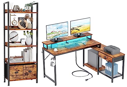 Furologee L Shaped Computer Desk and 5-Tier Bookshelf, Corner Gaming Desk with LED Lights & Power Outlets, Tall Bookcase with 2 Drawers for Living Room, Home Office, Bedroom, Rustic Brown