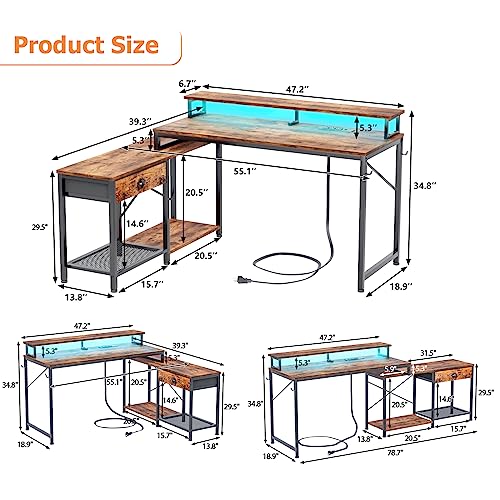 Furologee L Shaped Computer Desk and 5-Tier Bookshelf, Corner Gaming Desk with LED Lights & Power Outlets, Tall Bookcase with 2 Drawers for Living Room, Home Office, Bedroom, Rustic Brown