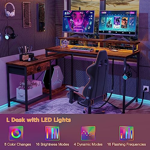 Furologee L Shaped Computer Desk and 5-Tier Bookshelf, Corner Gaming Desk with LED Lights & Power Outlets, Tall Bookcase with 2 Drawers for Living Room, Home Office, Bedroom, Rustic Brown