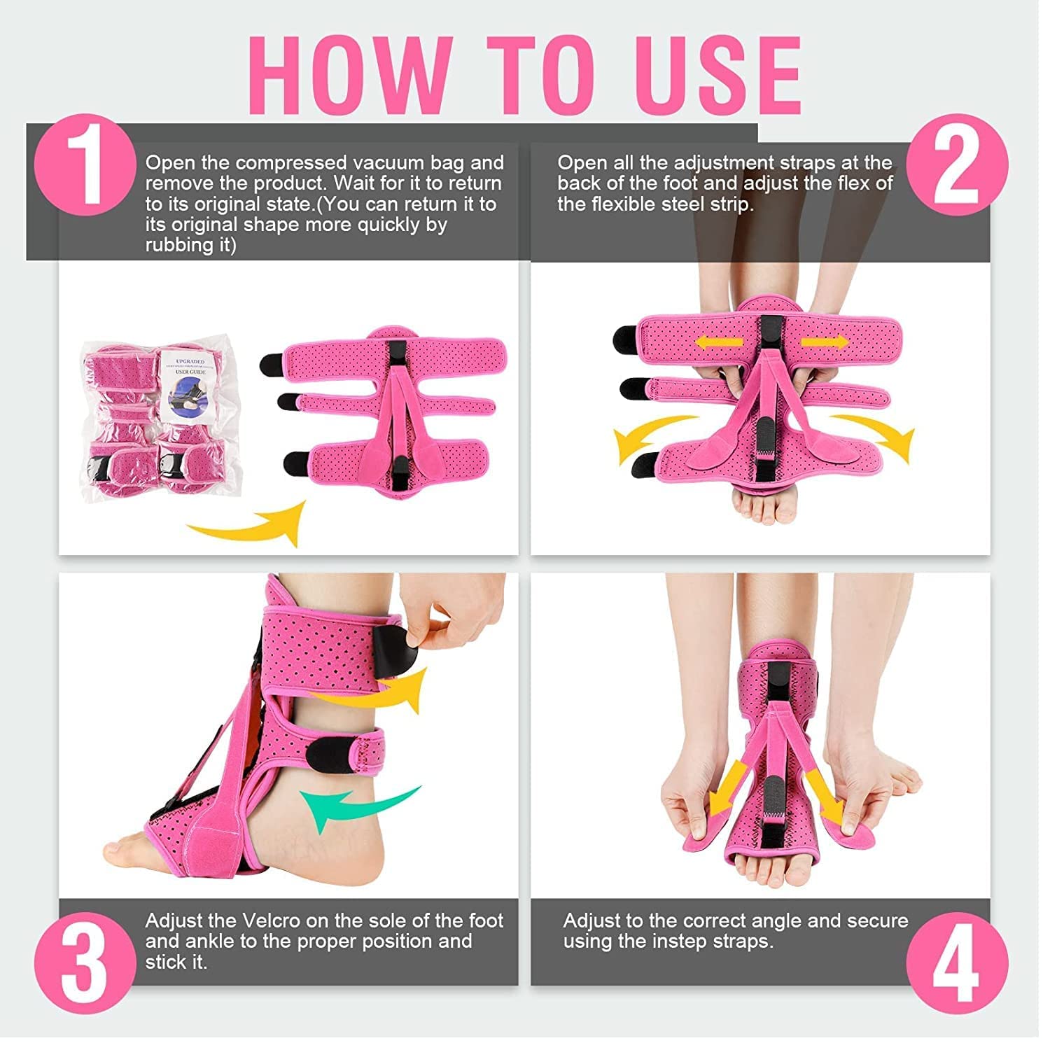 AZOJOY Plantar Fasciitis Night Splint: 2 Packs Upgrade 3 Adjustable Straps Plantar Fasciitis Relief Night Splint for Women & Men, Relief Brace Achilles Tendonitis and Foot Drop Heel Arch Pain Support(Pink-2pc)