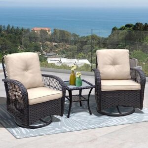 3 Pieces Patio Conversation Set,Outdoor Wicker Rocker Swivel Patio Bistro Set,Patio Table and Chairs,Porch Patio Set,Rocking Chair with Glass Top Side Table,All-Weather Outdoor Patio Furniture