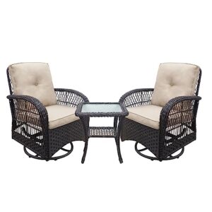 3 Pieces Patio Conversation Set,Outdoor Wicker Rocker Swivel Patio Bistro Set,Patio Table and Chairs,Porch Patio Set,Rocking Chair with Glass Top Side Table,All-Weather Outdoor Patio Furniture