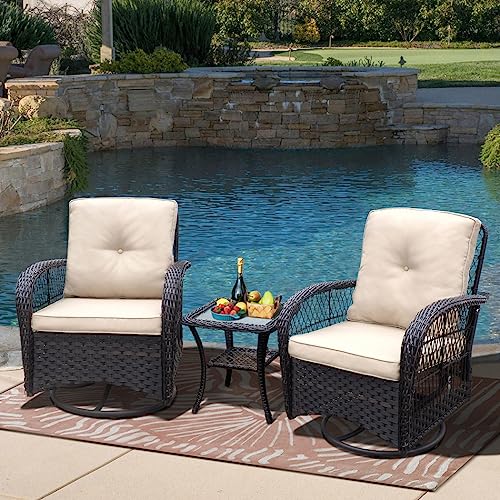 3 Pieces Patio Conversation Set,Outdoor Wicker Rocker Swivel Patio Bistro Set,Patio Table and Chairs,Porch Patio Set,Rocking Chair with Glass Top Side Table,All-Weather Outdoor Patio Furniture