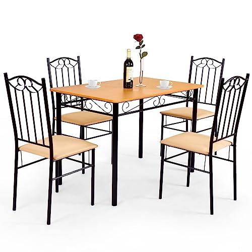 Tangkula 5 Piece Dining Table Set, Vintage Wood Top Padded Seat Dining Table and Chairs Set, Home Kitchen Dining Room Furniture