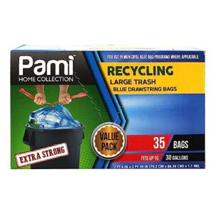 pami recycling tall 13-gallon kitchen drawstring trash bags- extra-strong plastic garbage bags [blue 35 pack]- thick trash can liners for kitchen & outdoor bins- 2ft x2ft unscented trash bags