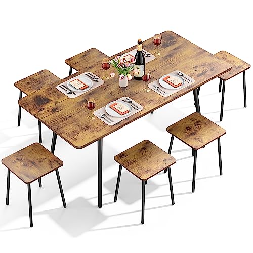 Qsun 7-Piece 63" Dining Table Set for 4-6 People, extendable Kitchen Table Set with 6 Chairs, Dining Room Table with Round Corner for Kitchen, Children Protective Design, Rustic Brown