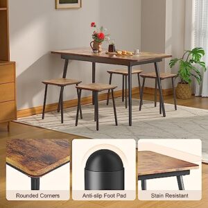 Qsun 7-Piece 63" Dining Table Set for 4-6 People, extendable Kitchen Table Set with 6 Chairs, Dining Room Table with Round Corner for Kitchen, Children Protective Design, Rustic Brown