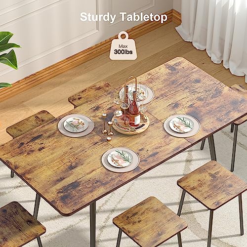 Qsun 7-Piece 63" Dining Table Set for 4-6 People, extendable Kitchen Table Set with 6 Chairs, Dining Room Table with Round Corner for Kitchen, Children Protective Design, Rustic Brown