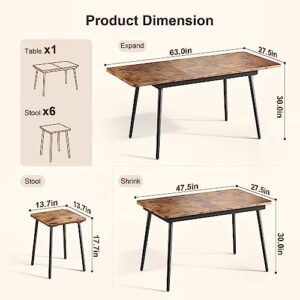 Qsun 7-Piece 63" Dining Table Set for 4-6 People, extendable Kitchen Table Set with 6 Chairs, Dining Room Table with Round Corner for Kitchen, Children Protective Design, Rustic Brown