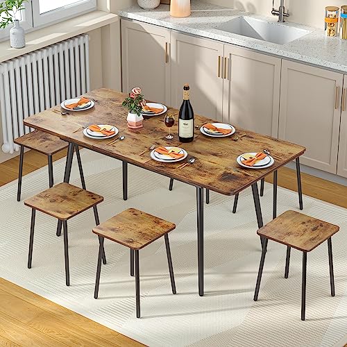 Qsun 7-Piece 63" Dining Table Set for 4-6 People, extendable Kitchen Table Set with 6 Chairs, Dining Room Table with Round Corner for Kitchen, Children Protective Design, Rustic Brown