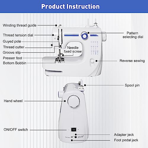 Sewing Machine for Beginners, Portable Mini Sewing Machine, Upgraded Double Needle Sewing, 12 Built-In Stitches, 2 Speeds Double Thread with Foot Pedal, Sewing Machine for Kids, Adults, Blue