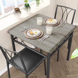 IDEALHOUSE 3 Piece Kitchen Table Set, Dining Table and Chairs for 2, Metal and Wood Square Dining Room Table Set with 2 Upholstered Chairs, Dining Table Set for Small Spaces, Apartment, Rustic Gray