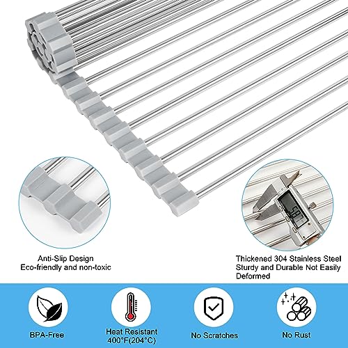 Mafegu Above Sink Dish Drying Rack Drainer,Roll Dish Rack,Kitchen Sink Countertop Multi-Use Collapsible Stainless Steel Dish Rack (20.5x13.7 in, 1)