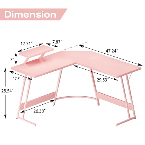 Homall L Shaped Gaming Desk Computer Corner Desk PC Gaming Desk Table with Large Monitor Riser Stand for Home Office Sturdy Writing Workstation (Pink, 47 Inch)