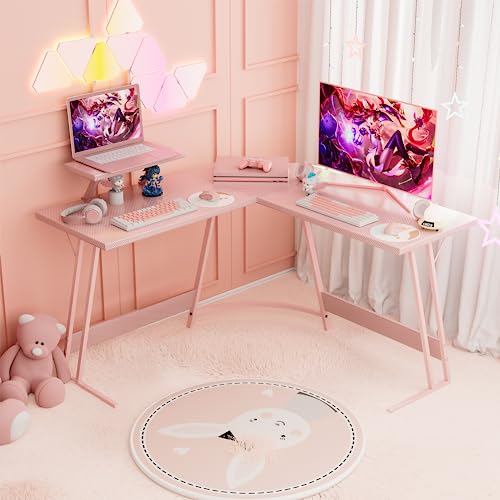 Homall L Shaped Gaming Desk Computer Corner Desk PC Gaming Desk Table with Large Monitor Riser Stand for Home Office Sturdy Writing Workstation (Pink, 47 Inch)