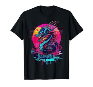 cyberpunk dragon shirt, retro futuristic outrun synthwave t-shirt