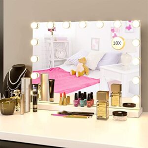 bendic vanity mirror makeup mirror with lights,10x magnification,large hollywood lighted vanity mirror with 15 dimmable led bulbs,3 color modes,touch control for bedroom,tabletop or wall-mounted