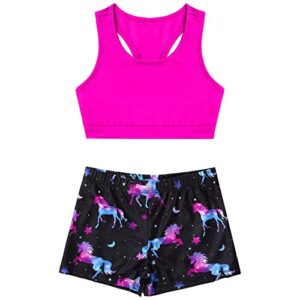 msemis girls' kids 2-piece active set dance sport outfits racer back top and booty short gymnastics dancing clothes night horse 7-8