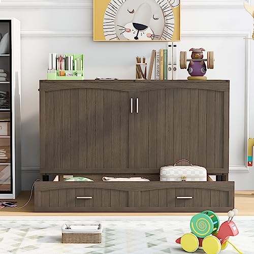 Queen Size Murphy Cabinet Bed with Built-in Charging Station and Large Drawer, Modern Murphy Bed for Kids Teens, Space Saving Design & Easy Assembly (Antique Gray)