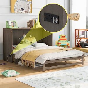 Queen Size Murphy Cabinet Bed with Built-in Charging Station and Large Drawer, Modern Murphy Bed for Kids Teens, Space Saving Design & Easy Assembly (Antique Gray)