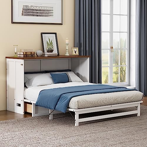 VilroCaz Modern Full Size Mobile Murphy Bed Chest with Built-in Charging Station and Big Storage Drawer, Traditional Solid Wood Murphy Cube Cabinet Bed Platform Bed for Small Room Guest Room Office