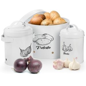 frcctre set of 3 potato and onion storage canisters, potato, onion, garlic kitchen storage bin with lids, metal vegetable keeper storage bins set with aerating holes for pantry organization