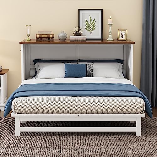 SIYSNKSI Modern Queen Size Murphy Bed Chest, Solid Wood Foldable Platform Bed with Charging Station and Large Storage Drawer, Muti-Functional Cabinet Bed for Home Office or Small Room