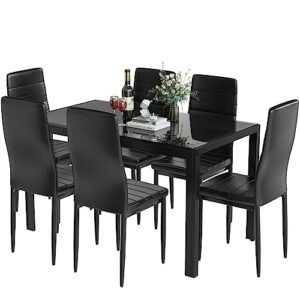 Recaceik Glass Dining Table Sets for 6, 7 Piece Kitchen Table and Chairs Set for 6 Person, Tempered Glass Table and PU Leather Chairs Modern Dining Room Sets for Small Dinette Apartment