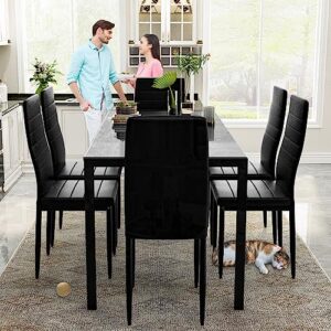 Recaceik Glass Dining Table Sets for 6, 7 Piece Kitchen Table and Chairs Set for 6 Person, Tempered Glass Table and PU Leather Chairs Modern Dining Room Sets for Small Dinette Apartment