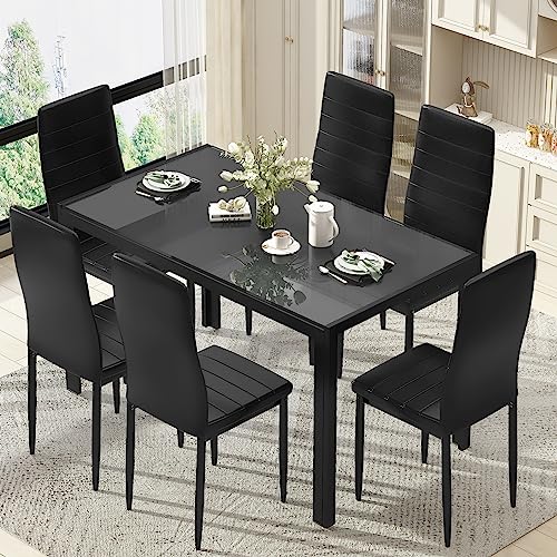 Recaceik Glass Dining Table Sets for 6, 7 Piece Kitchen Table and Chairs Set for 6 Person, Tempered Glass Table and PU Leather Chairs Modern Dining Room Sets for Small Dinette Apartment