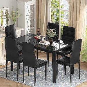 Recaceik Glass Dining Table Sets for 6, 7 Piece Kitchen Table and Chairs Set for 6 Person, Tempered Glass Table and PU Leather Chairs Modern Dining Room Sets for Small Dinette Apartment