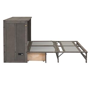Yuxuanhang Queen Size Solid Wood Murphy Bed with Charging Station and Large Storage Drawer, Space-Saving Design for Small Spaces Guest Room Lounge or Office, Antique Grey