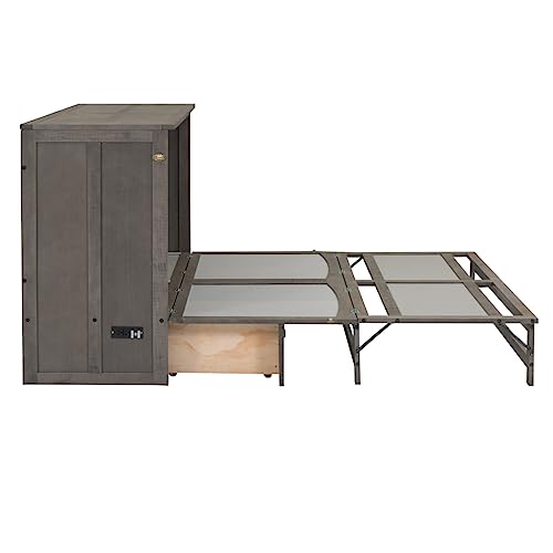 Yuxuanhang Queen Size Solid Wood Murphy Bed with Charging Station and Large Storage Drawer, Space-Saving Design for Small Spaces Guest Room Lounge or Office, Antique Grey