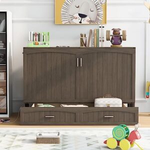 Yuxuanhang Queen Size Solid Wood Murphy Bed with Charging Station and Large Storage Drawer, Space-Saving Design for Small Spaces Guest Room Lounge or Office, Antique Grey