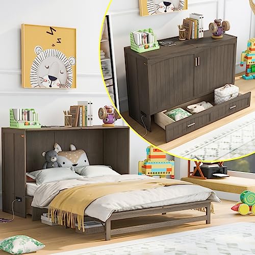 Yuxuanhang Queen Size Solid Wood Murphy Bed with Charging Station and Large Storage Drawer, Space-Saving Design for Small Spaces Guest Room Lounge or Office, Antique Grey