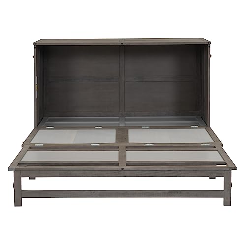 Yuxuanhang Queen Size Solid Wood Murphy Bed with Charging Station and Large Storage Drawer, Space-Saving Design for Small Spaces Guest Room Lounge or Office, Antique Grey