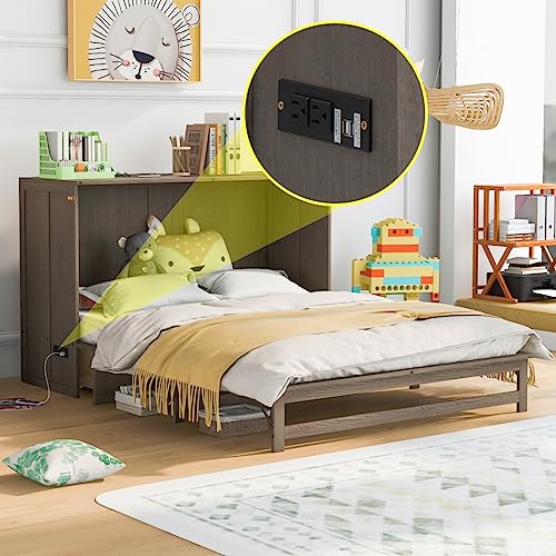 Yuxuanhang Queen Size Solid Wood Murphy Bed with Charging Station and Large Storage Drawer, Space-Saving Design for Small Spaces Guest Room Lounge or Office, Antique Grey