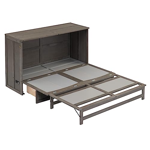 Queen Size Mobile Murphy Bed Solid Wood Foldable Platform Bed for Guest Rooms Queen Murphy Bed Cabinet Hidden Murphy beds (Antique Gray)