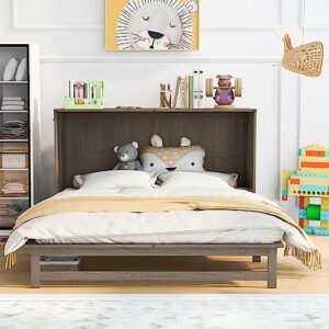 Queen Size Mobile Murphy Bed Solid Wood Foldable Platform Bed for Guest Rooms Queen Murphy Bed Cabinet Hidden Murphy beds (Antique Gray)