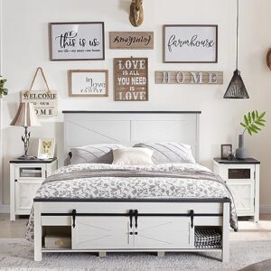 jxqtlingmu 14" full bed frame and headboard, wood farmhouse bed frame with sliding barn door storage, curved wood slats support, noiseless, no box spring needed, rustic white