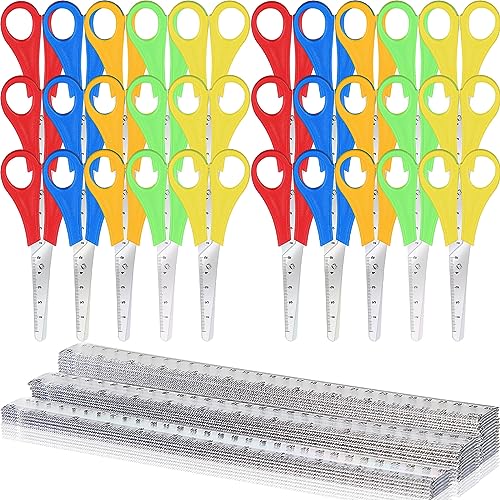 60 Pcs School Supplies Bulk Includes 30 Pcs Safety Blunt Tip Student Scissors for Kids 30 Pcs 12 Inch Plastic Rulers Back to School Supply for Student Classroom Office (Clear)