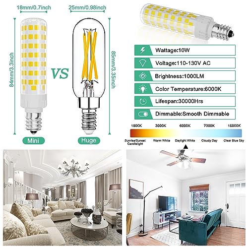 SNBIHIBE E12 Led Chandelier Light Bulbs 10W,100watt Equivalent Dimmable Bulb,6000k Daylight Candelabra Lights,110-120v Ac 1000Lm C7 T6 Bulb,No Flicker for Ceiling Fan Pendant Lighting Salt Lamp 2pcs