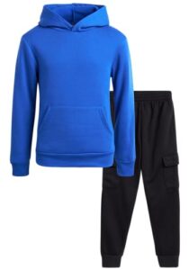 quad seven boys sweatsuit set - 2 piece active fleece hoodie sweatshirt and jogger sweatpants - youth clothing for boys, 8-18, size 10-12, royal/black