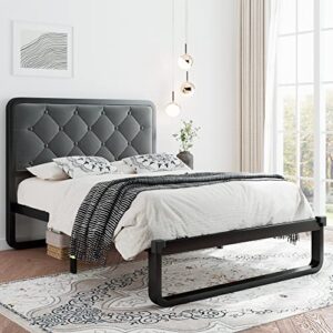 ipormis twin size metal bed frame with faux leather headboard, curved platform bed frame, thicker metal steel slats support, 12'' under-bed space, noise-free, easy assembly, dark gery