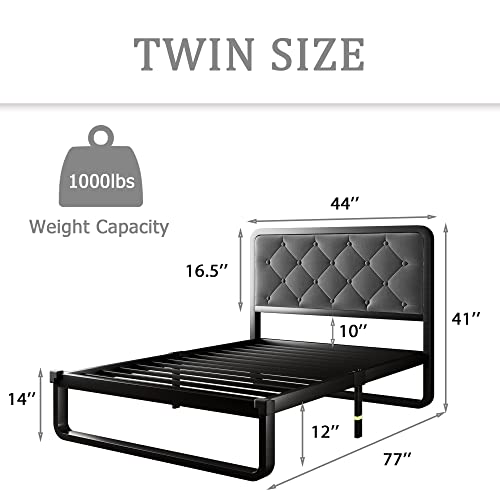 iPormis Twin Size Metal Bed Frame with Faux Leather Headboard, Curved Platform Bed Frame, Thicker Metal Steel Slats Support, 12'' Under-Bed Space, Noise-Free, Easy Assembly, Dark Gery